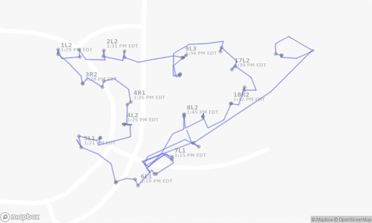 A collection route traced on a map, each stop marked with its building and the time it was serviced
